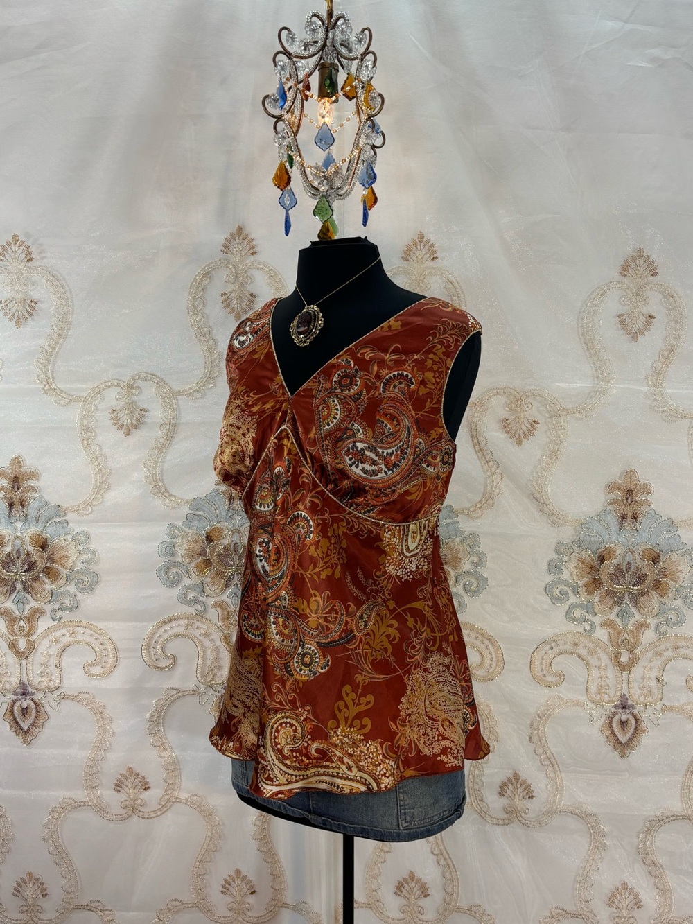 โจVintage Y2K Bohemian Satin Paisley Tie Back Tank Topโจ